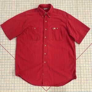 Vintage 90s Carhartt Canvas Button Up Shirt Mens Sz Medium Pocket Faded Red USA